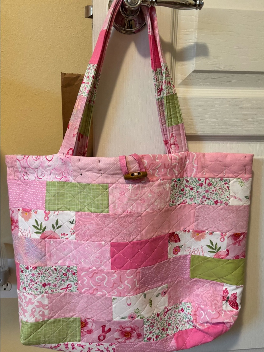 Patchwork Quilted Tote Bag with Breast Cancer Fabrics